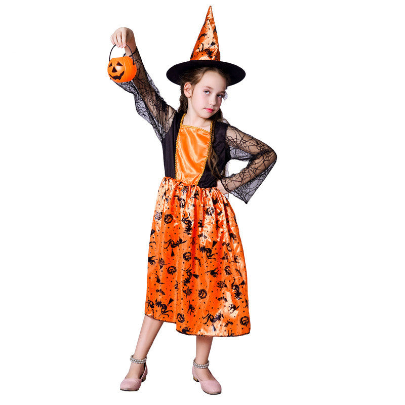 Halloween Witch Costume for Girls, Orange Dress and Hat