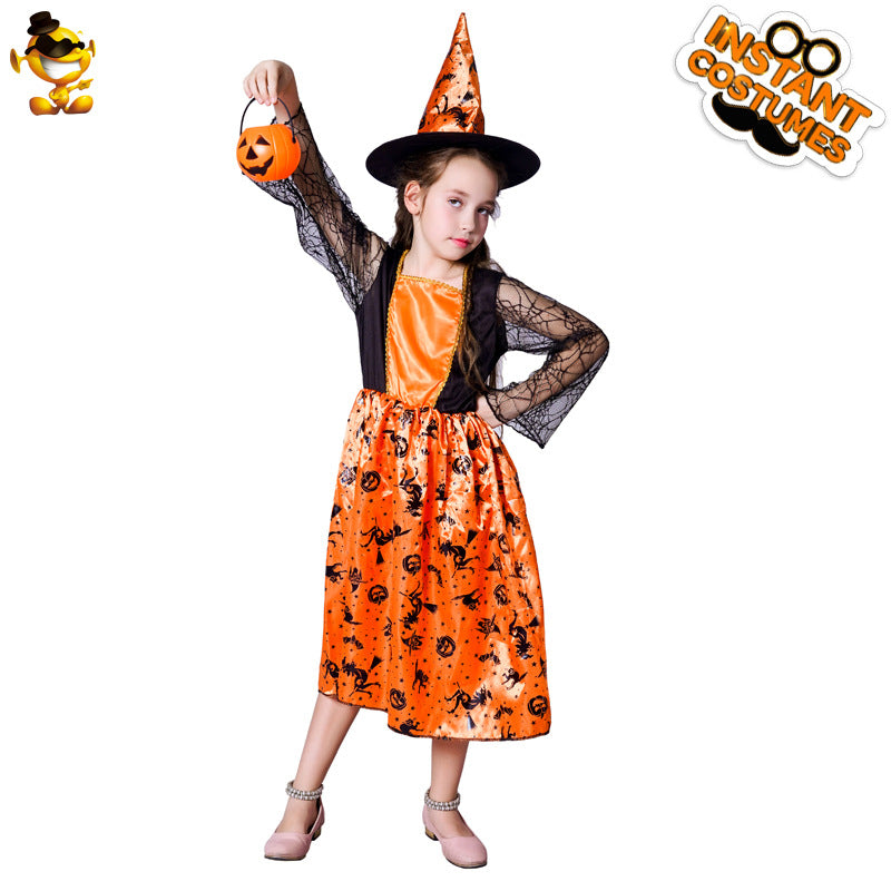 Halloween Witch Costume for Girls, Orange Dress and Hat
