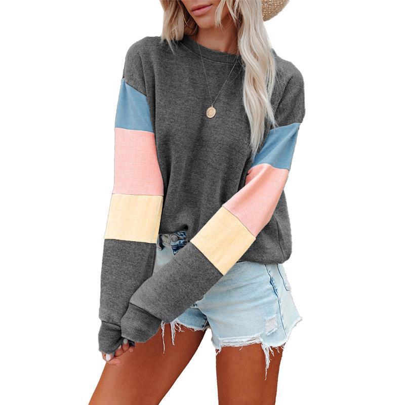 Color Block Long Sleeve Round Neck Women's Shirt