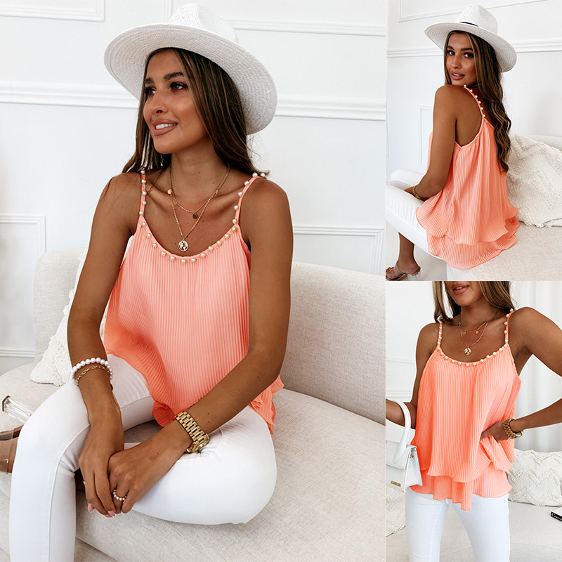 Pearl Accent Pleated Tank Top High End Shirt