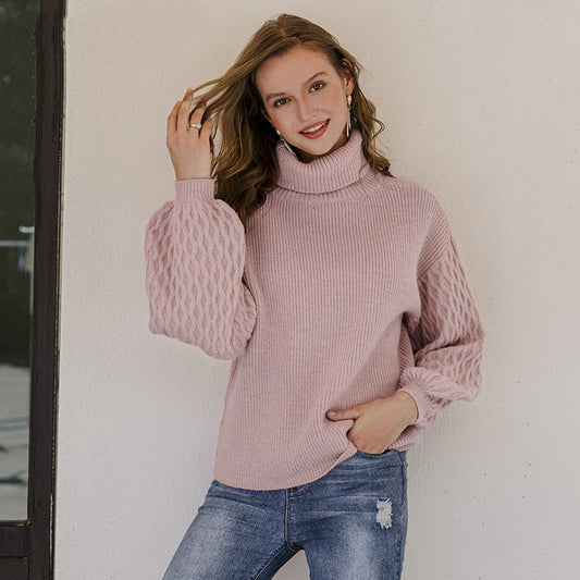 2026 Autumn Winter High Neck Lantern Sleeve Sweater