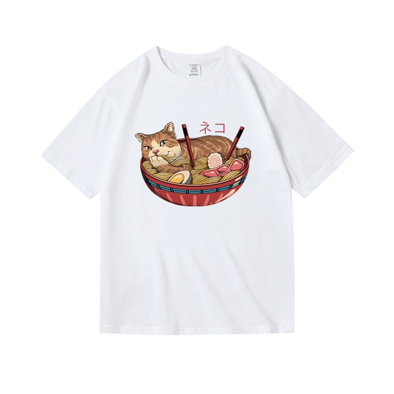 Cute Women's Trendy Cat Ramen Print Cotton T-Shirt