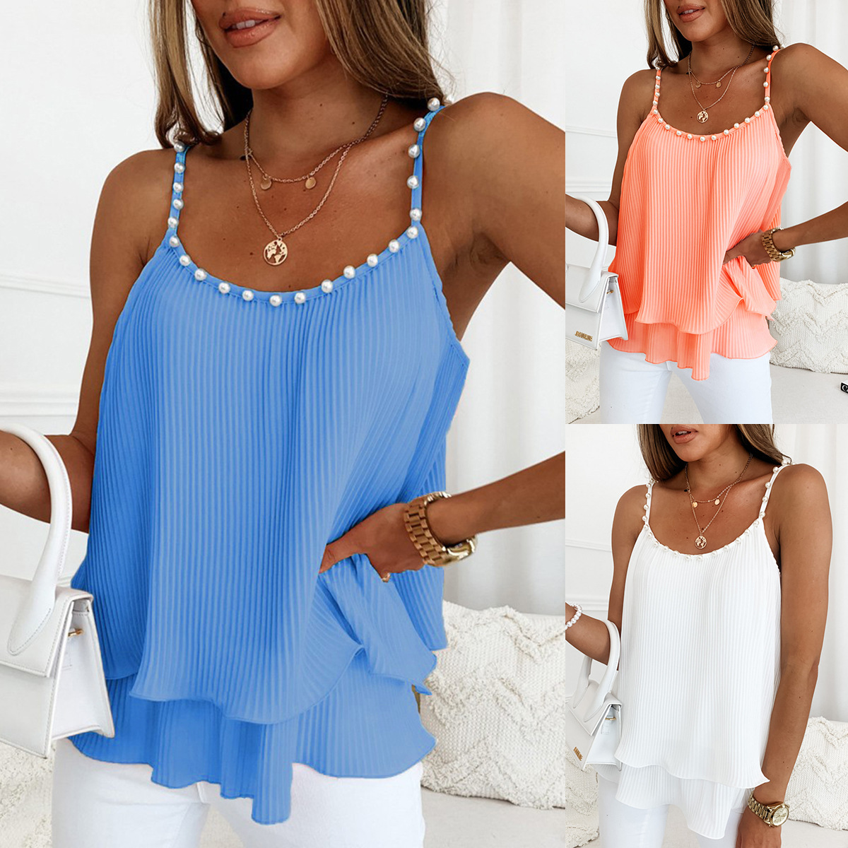 Pearl Accent Pleated Tank Top High End Shirt