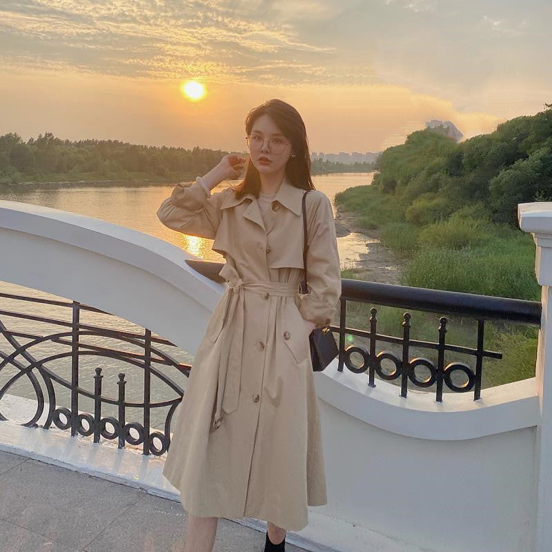 Women's Khaki Mid-Length Versatile Blazer Midi Dress
