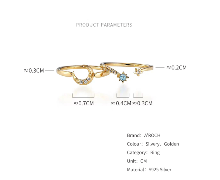 gold - Silver - Beautiful Moon Star Sun Ring Set with Celestial Designs