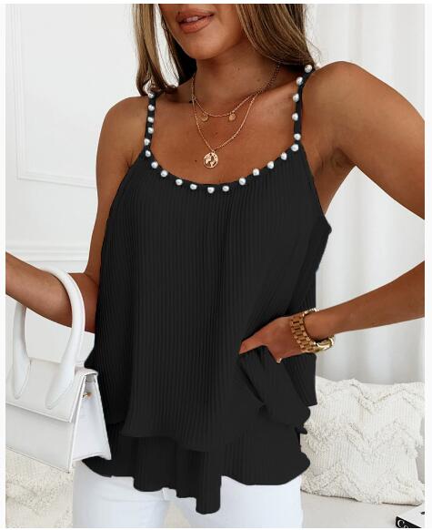Pearl Accent Pleated Tank Top High End Shirt