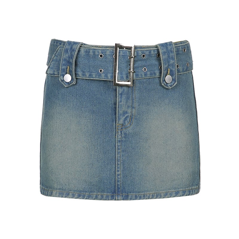Vintage Look Waist Slimming Miniskirt Women's Blue Jean Skirt with Belt