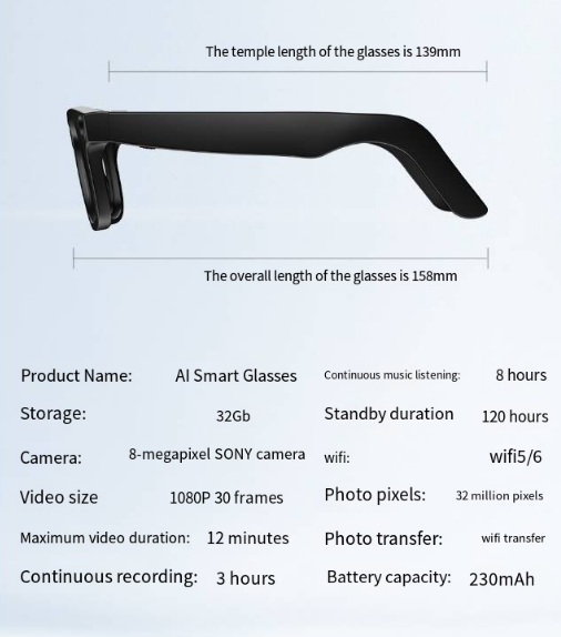 AI Camera HD video - voice call touch controls Smart Glasses