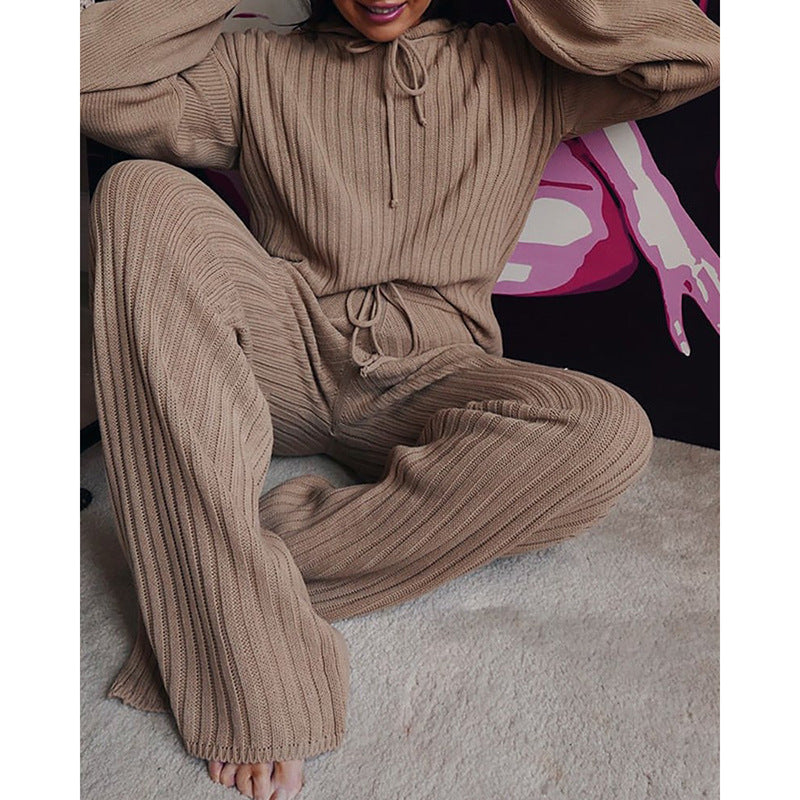Women's Casual Hooded Fall Lounge Cozy Long Sleeve two piece set, Coffee