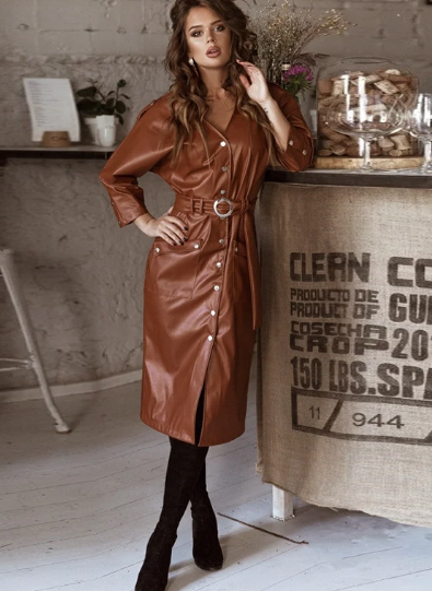 Women's Sexy Faux Leather V-neck Midi Dress with Stitching Details