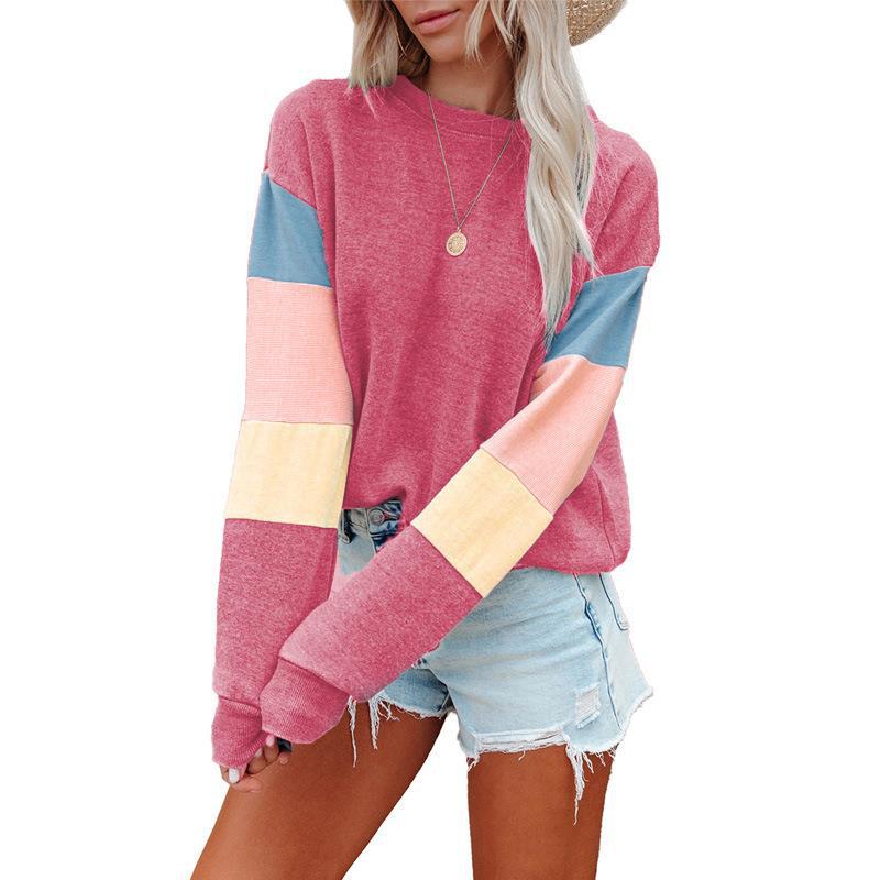 Color Block Long Sleeve Round Neck Women's Shirt