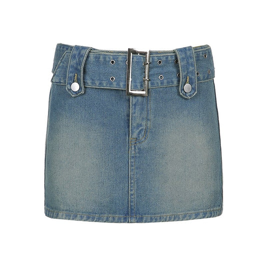 Vintage Look Waist Slimming Miniskirt Women's Blue Jean Skirt with Belt