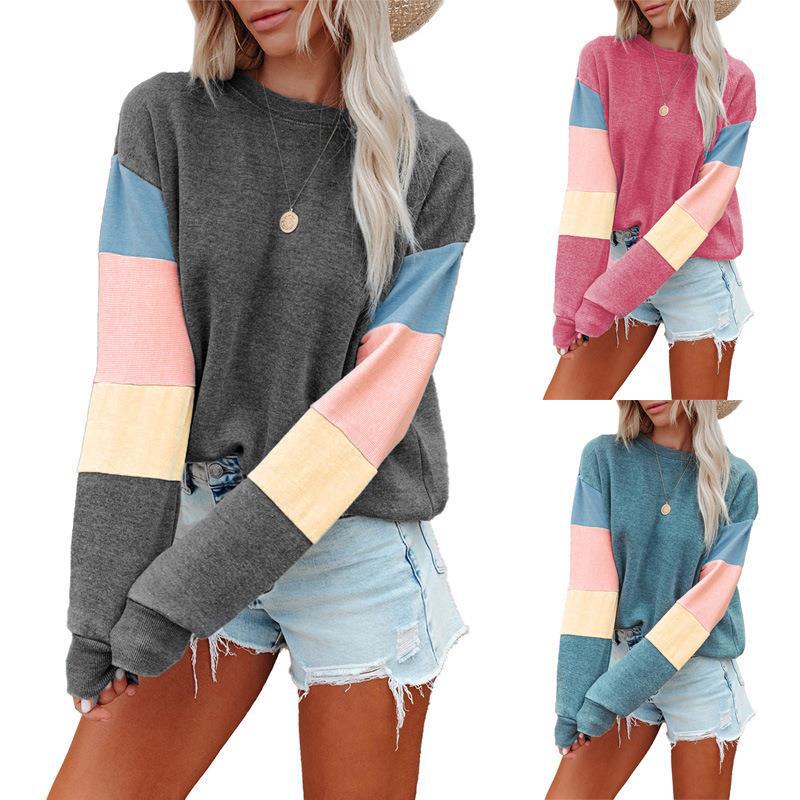 Color Block Long Sleeve Round Neck Women's Shirt