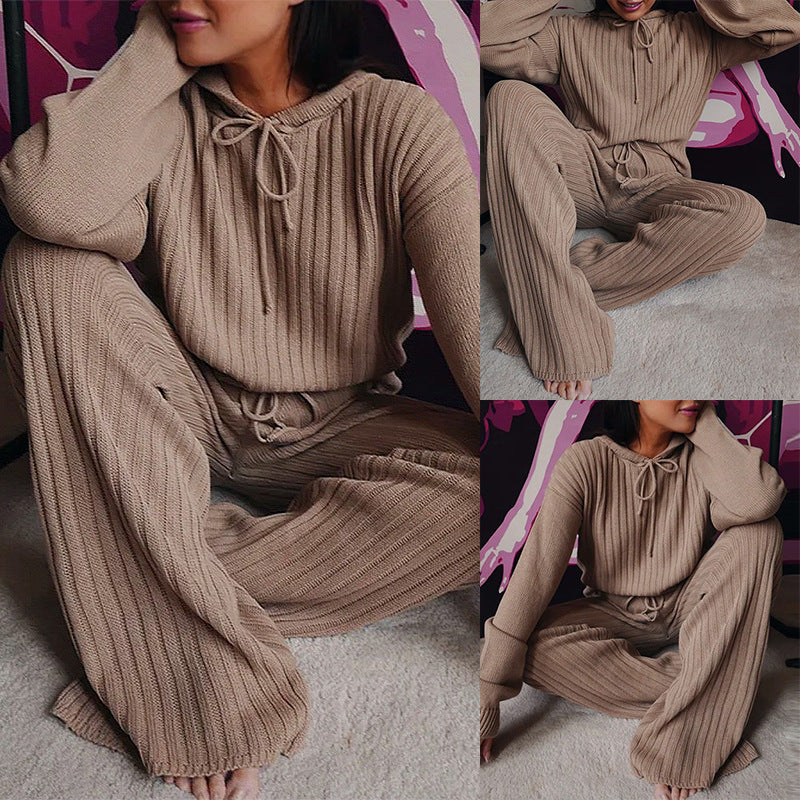 Women's Casual Hooded Fall Lounge Cozy Long Sleeve two piece set, Coffee