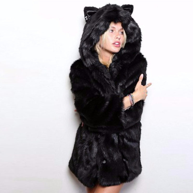 Faux Fur Hooded Coat with Kitty Ears, Winter Super Cute & Warm Women's Jacket - Coat