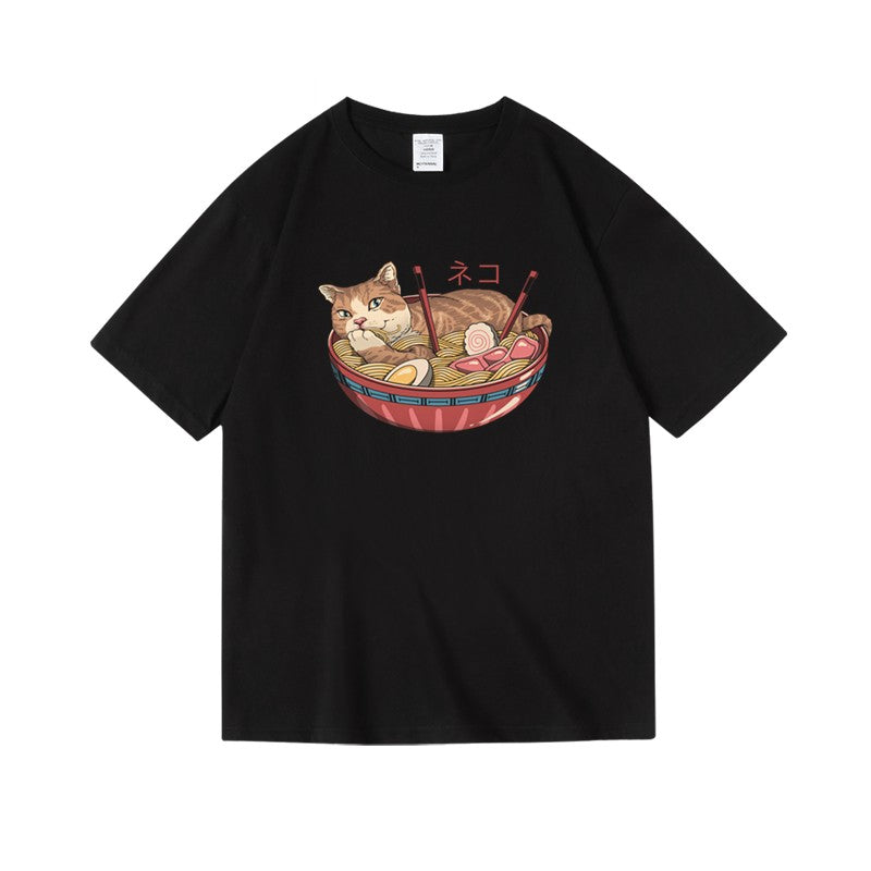 Cute Women's Trendy Cat Ramen Print Cotton T-Shirt
