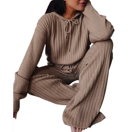 Women's Casual Hooded Fall Lounge Cozy Long Sleeve two piece set, Coffee