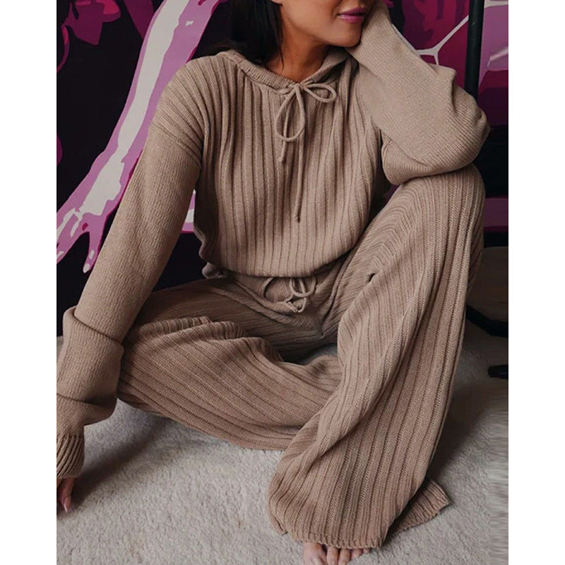 Women's Casual Hooded Fall Lounge Cozy Long Sleeve two piece set, Coffee