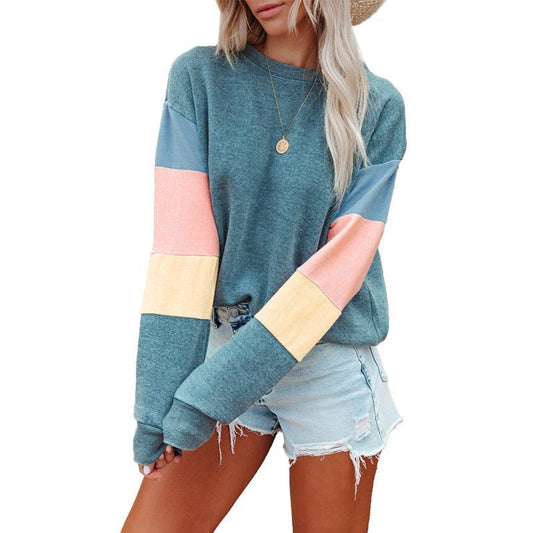 Color Block Long Sleeve Round Neck Women's Shirt