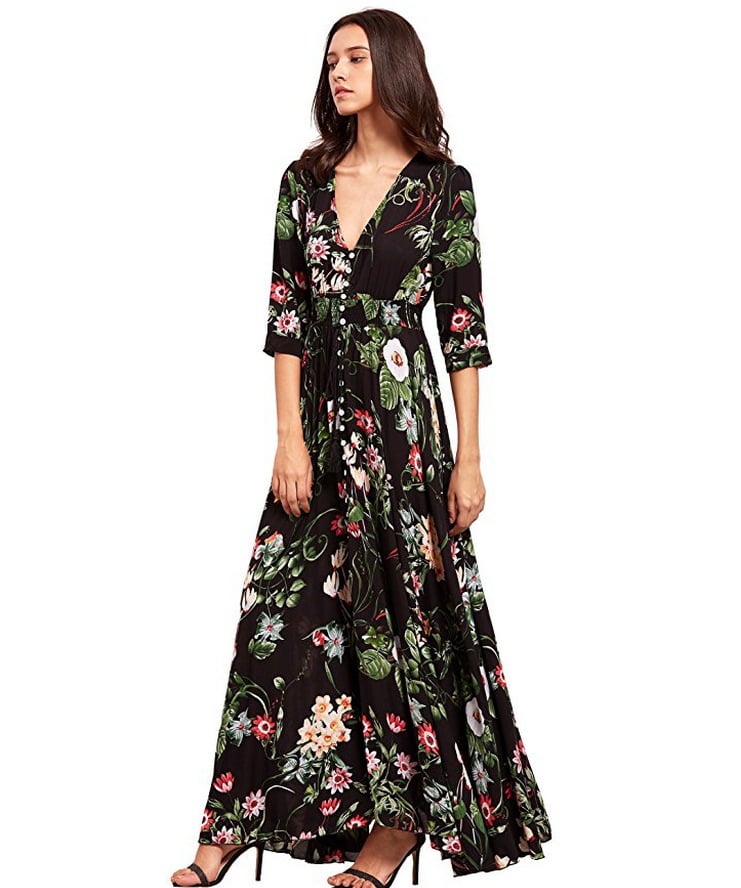 Women's Beautiful Vacation Button Down Floral Bohemian Maxi Beach Dress High End