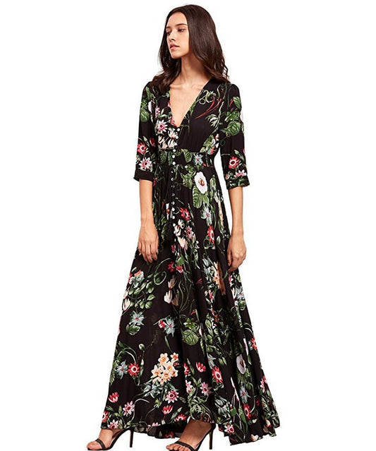 Women's Beautiful Vacation Button Down Floral Bohemian Maxi Beach Dress High End