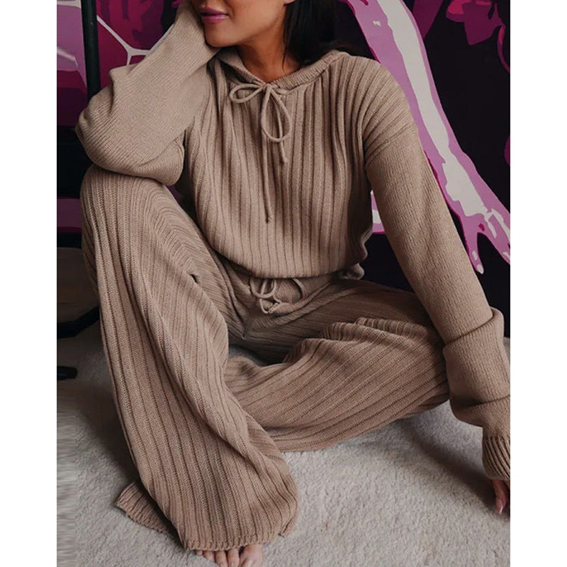 Women's Casual Hooded Fall Lounge Cozy Long Sleeve two piece set, Coffee