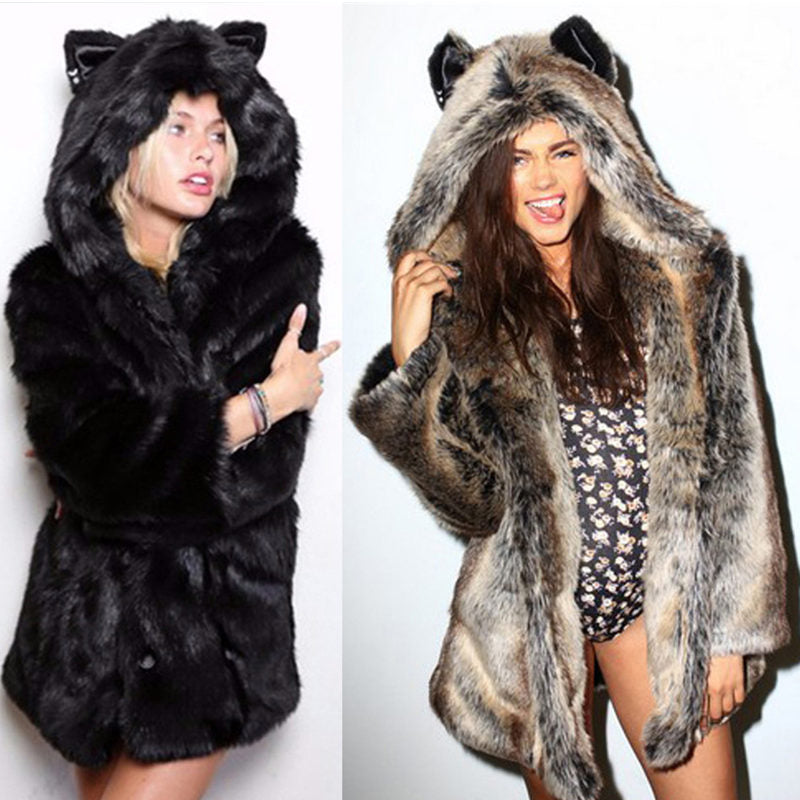 Faux Fur Hooded Coat with Kitty Ears, Winter Super Cute & Warm Women's Jacket - Coat