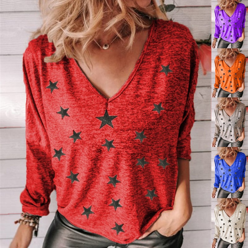 Fall Halloween Star Print V-Neck Long Sleeve Women's T-Shirt