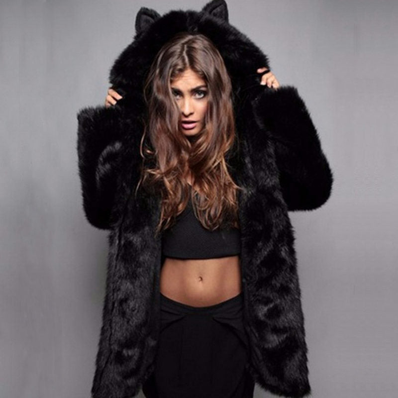 Faux Fur Hooded Coat with Kitty Ears, Winter Super Cute & Warm Women's Jacket - Coat