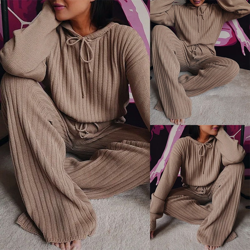 Women's Casual Hooded Fall Lounge Cozy Long Sleeve two piece set, Coffee